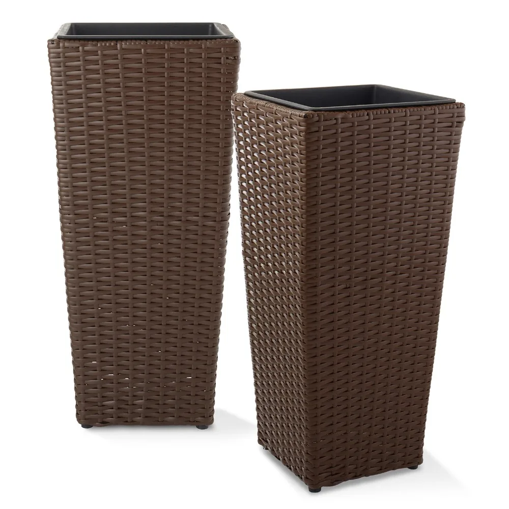

2pk All-Weather Tall Outdoor Planters w Flower Plant Pot Liners, Espresso