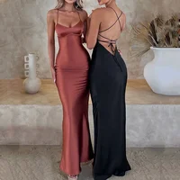 Vestidos sexis de satén con tirantes finos para mujer, vestido elegante de sirena con cordones y espalda descubierta, vestido largo ajustado sin mangas para fiesta