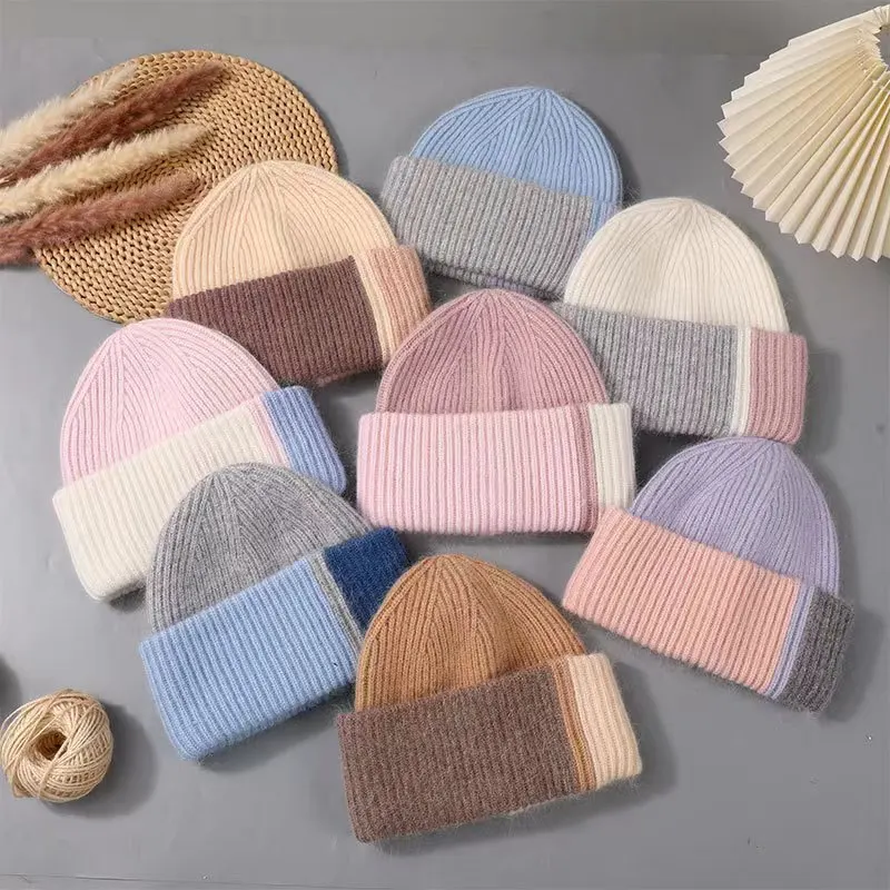 New Colorful Matching Beanies for Women Rabbit Fur Soft Fluffy Winter Hat Lady Pinkycolor Warm Angora Knitted Skullies Wholesale