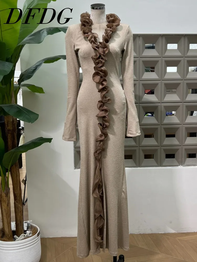 

DFDG 2025 SS Women's Retro Pleated Color Block Dress French Slimming V-Neck Bodycon Midi Dress Ruffle Slit For Resort Dress