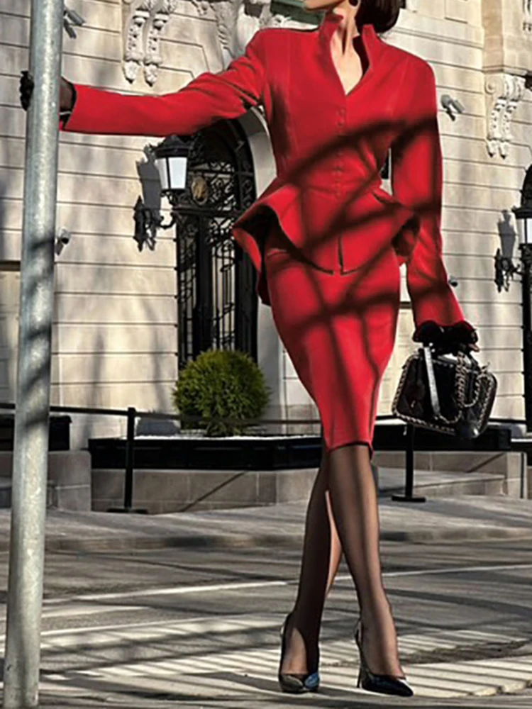 

Autumn New Solid Color Slim Commute Two Piece Sets Elegant Long Sleeve Set Fashion Irregular Stand Collar Shirts&Mini Skirts Set