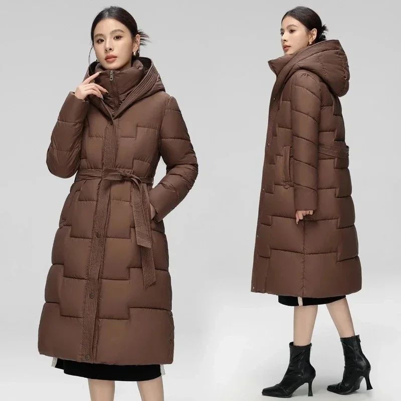 Chaqueta acolchada de algodón de longitud media para mujer, abrigo de algodón grueso y cálido, Parkas holgadas coreanas con capucha, invierno, 2025
