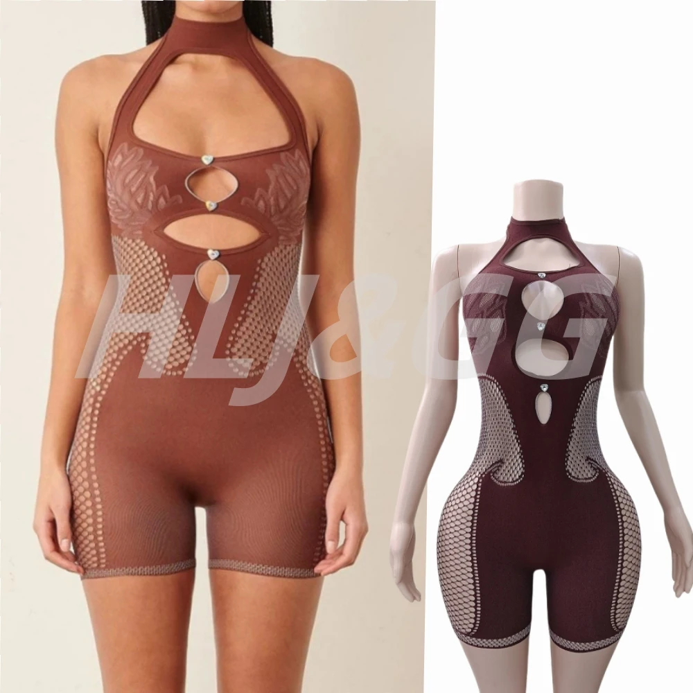 HLJ&GG Spring New Lace Halter Hollow Out Bodycon Rompers Women Sleeveless Backless Slim One Piece Jumpsuits Fashion Overall 2025
