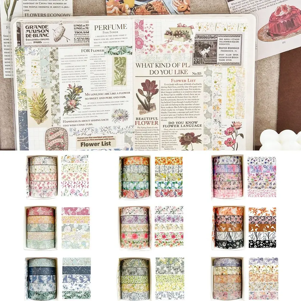 5 Rolls Spring Flower Washi Tape Multicolor Self-adhesive Scrapbooking Decorative Tape DIY Wrapping Artistic Tape Craft Making