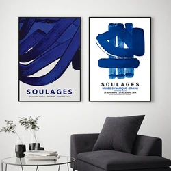 French Painter Pierre Soulages art Exhibition Poster , Abstract Watercolor Blue Painting Canvas Prints Gallery Museum Wall Decor