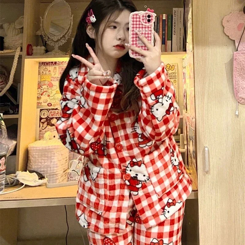 Hello Kitty girl cute coral velvet pajamas winter new plus velvet thickened large size fat MM cartoon fashion kawaii home suit