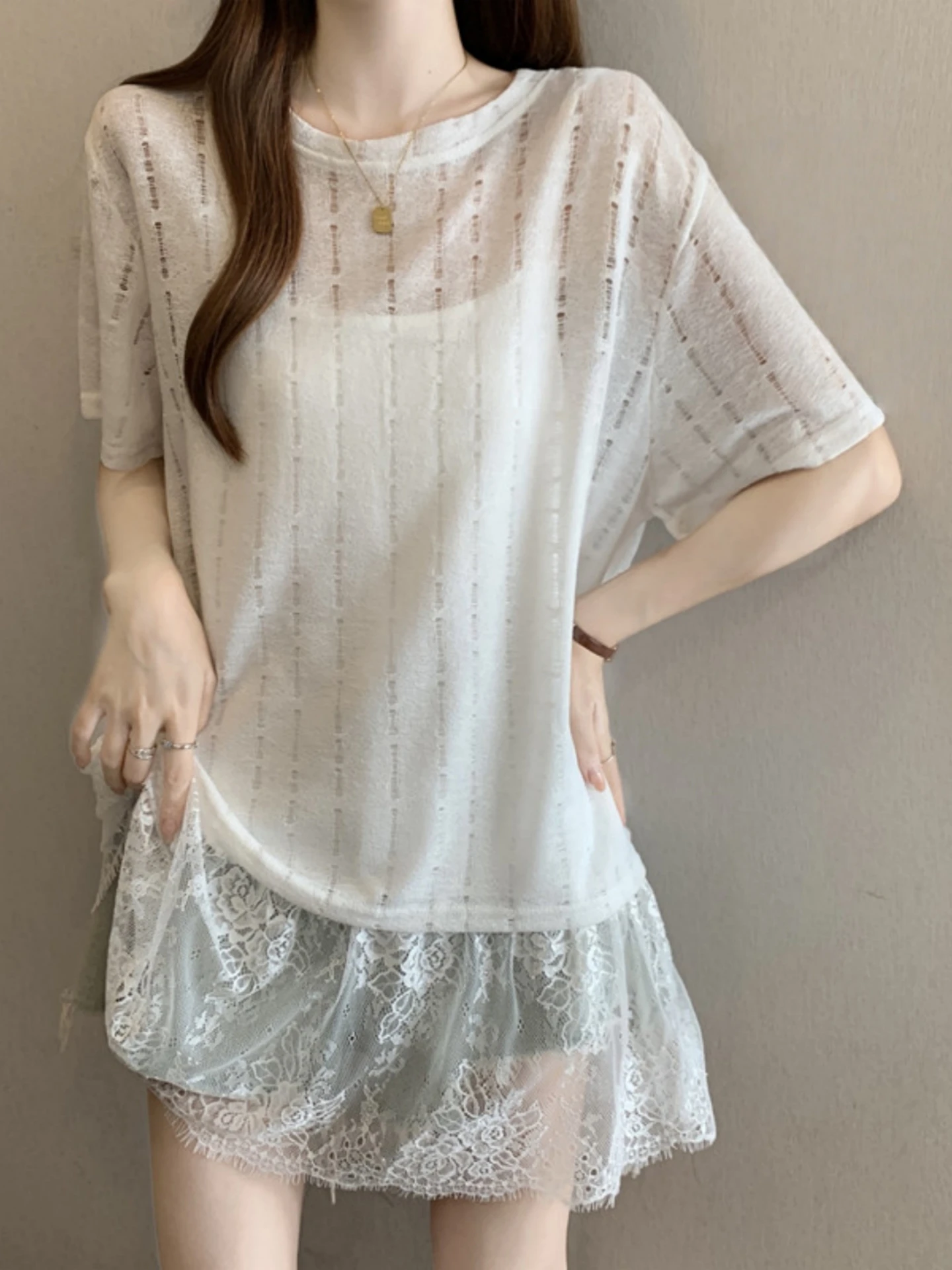 Summer Lace Hollow out Women's Tank Top And Cover up Two Piece Set plus Size Breathable Comfortable Korean Style Commute Wear
