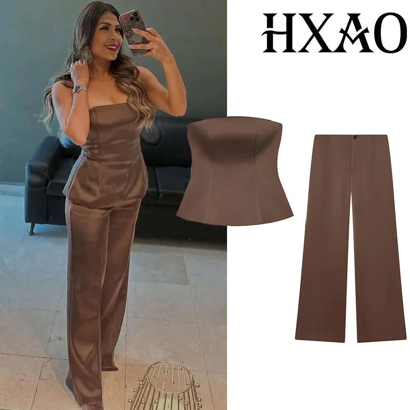 

HXAO Комплект из 2 предметов: атласные брюки, мешковатые широкие брюки, женский комплект из двух предметов, топ без бретелек, костюмные брюки, женский комплект из двух предметов