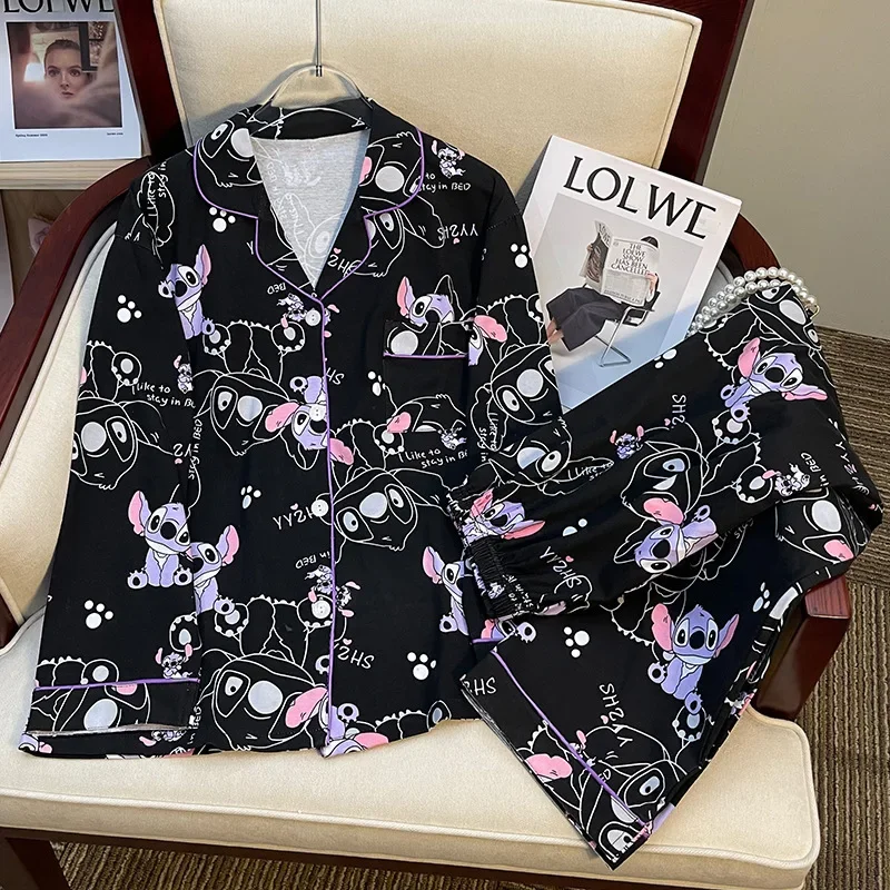 Disney Stitch Cartoon 2 Pcs Pajamas Sets for Women In Spring And Autumn, Long Sleeved And Sweet Pjs for Students Homewear Suit