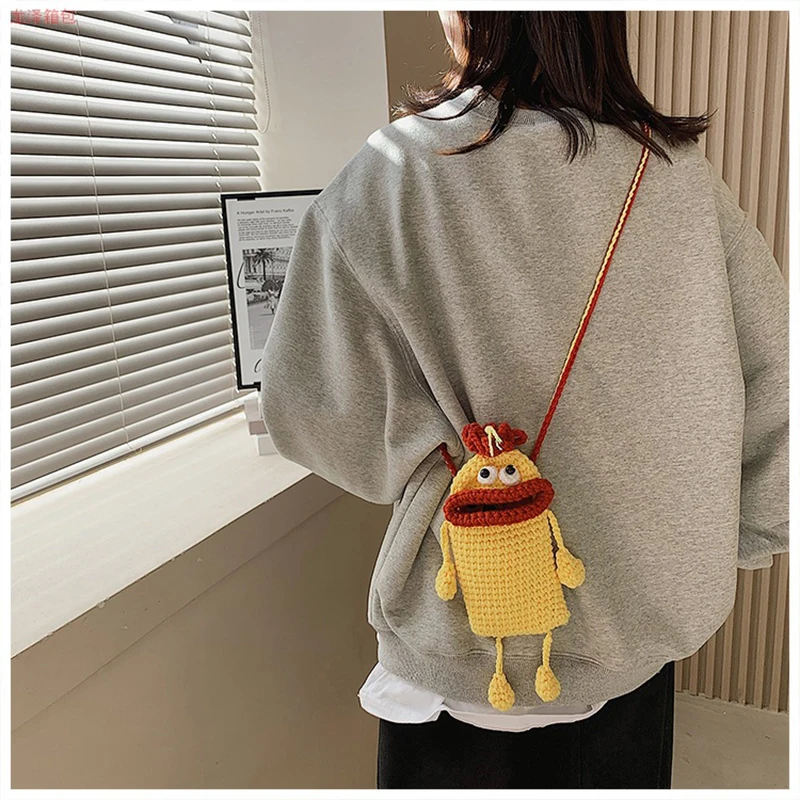 Sausage Mouth Funny Personality Minority Handmade Knitting Knitting Finished Bag Female Wool Hook Mobile Phone Bag Messenger Bag