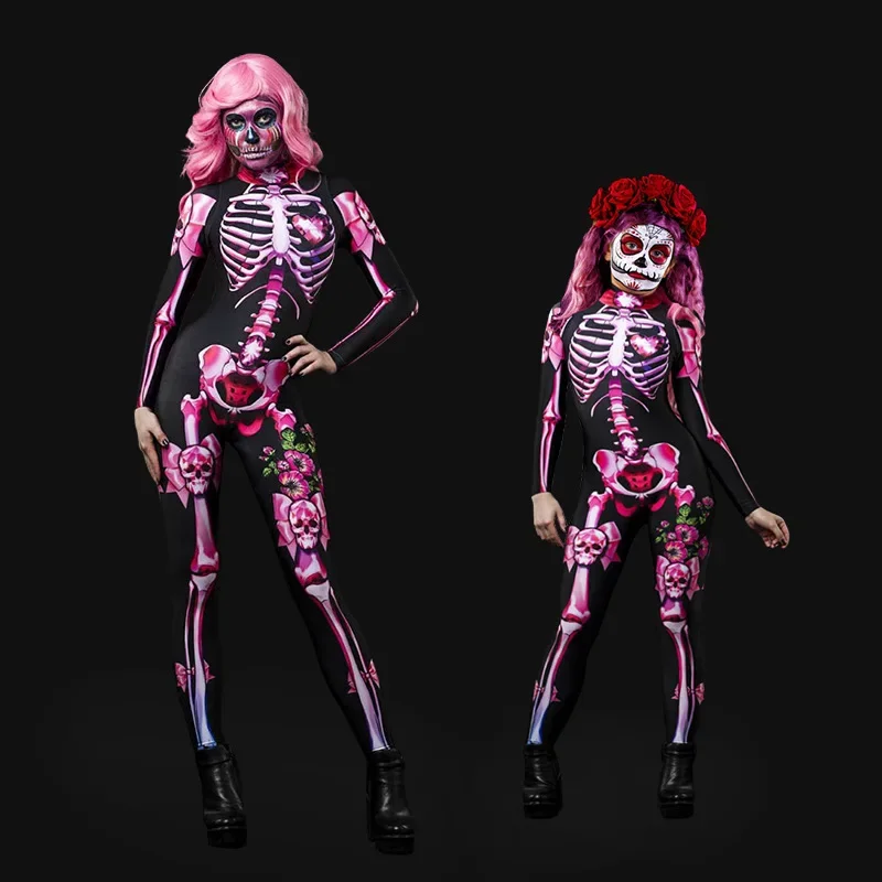 Women Cosplay Human Skeleton Bodysuit Halloween Devil Ghost Specter Jumpsuit Carnival Party Performance Scary Costume C38X34