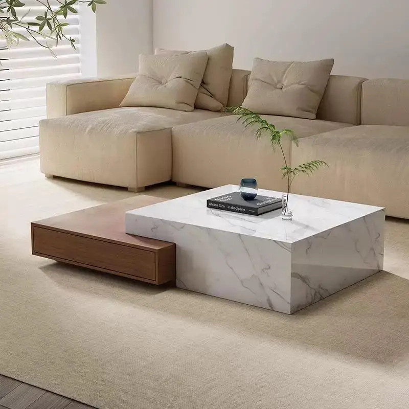 *☆ Wholesale Modern Living Room Furniture, Luxury Square Coffee Table With Marble Top And Walnut Wood Storage Base.