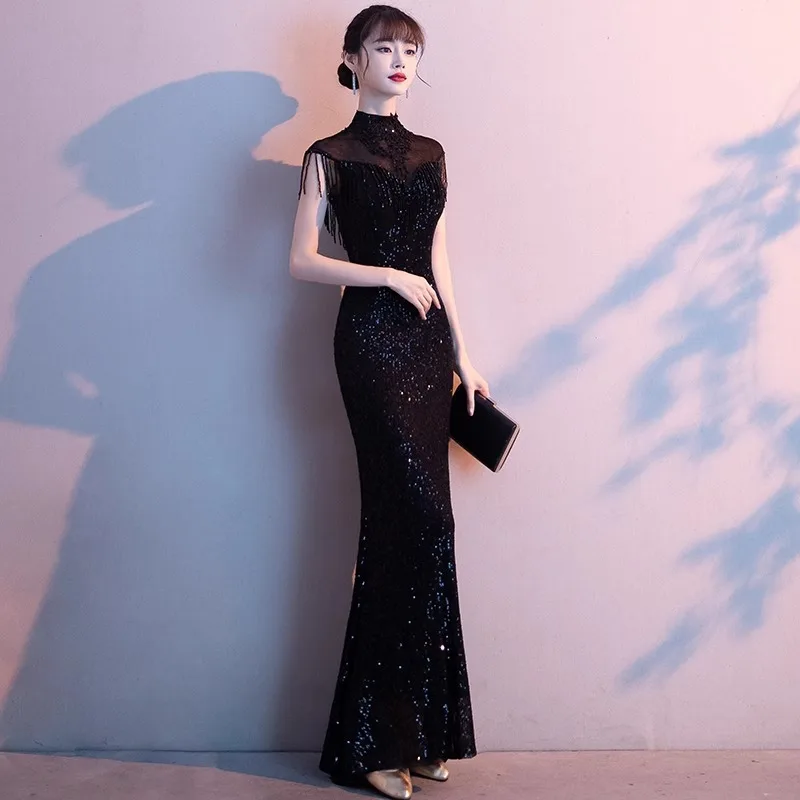 Black Paillette Evening Dress for Women Temperament Banquet Light Luxury Minority High-End Fishtail Host Women's Clothing