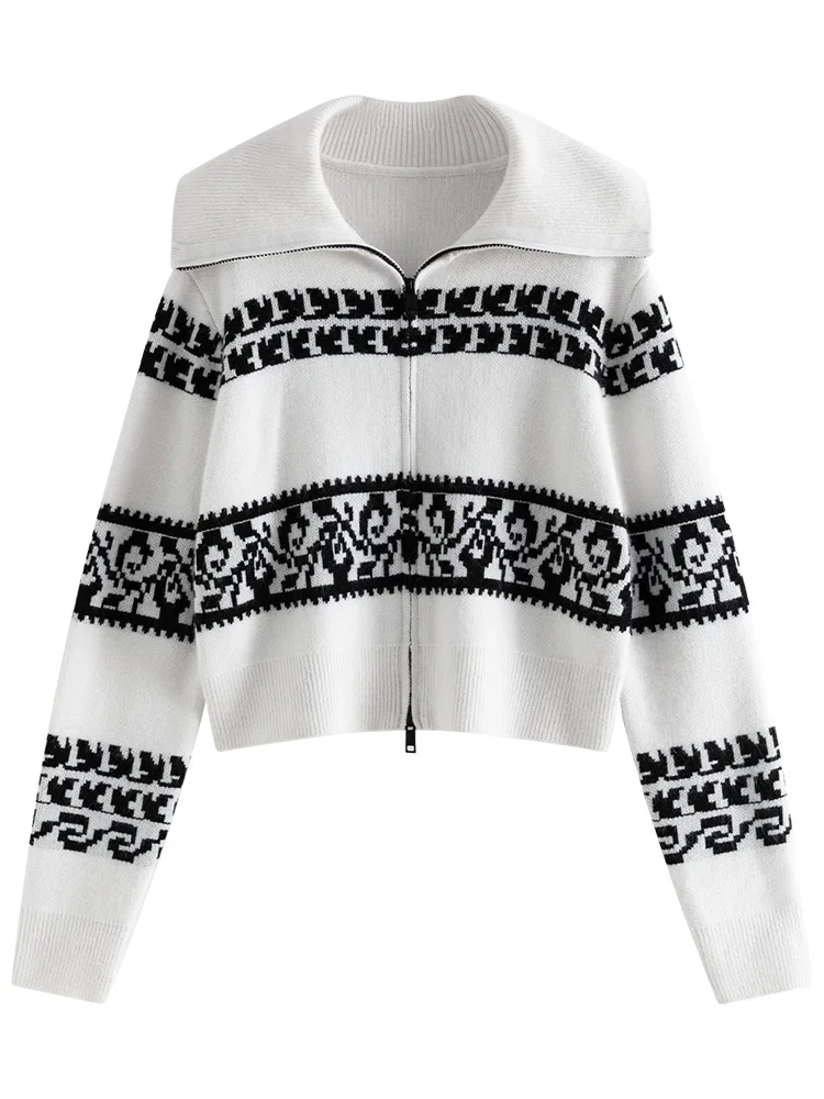 FSLE 6.3% Wool 13.4% Rabbit Hair Turn-Down Collar Women Cardigans Zipper Placket Short Sweater Black White Jacquard Sweaters