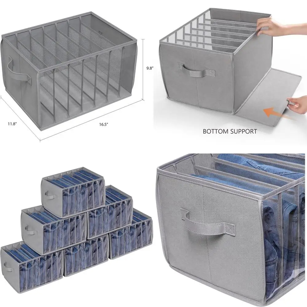 

6-Pack Grey Premium Closet Organizer with 7-Grid Jeans Holder for T-Shirts, Sweaters, and Leggings