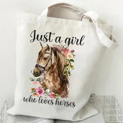 Borsa Tote da donna solo una ragazza che ama i cavalli stampa tela borse per la spesa di grande capacità borsa A tracolla per pendolari di cavalli e fiori