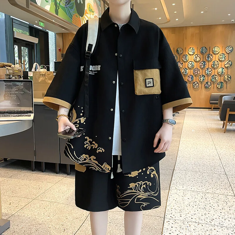 Summer  Chinese-style suit for teenagers, fashionable, individual and trendy, versatile shirt, short sleeve and shorts for men