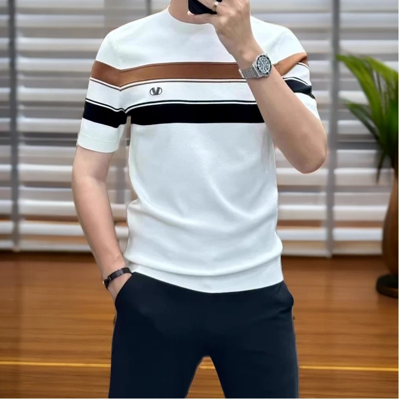 Now High Street Comfortable Casual T-Shirts Business Fashion All-match Round Neck Contrast Color Striped Men Loose Thermal Tops