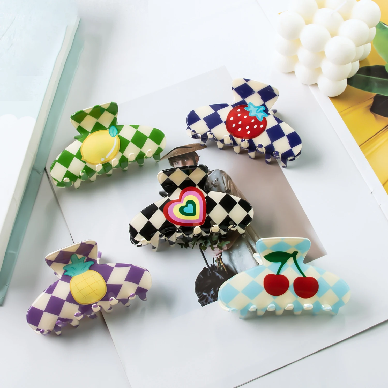 Haarklammer für Damen, kariert, Cartoon-Frucht, japanischer Harajuku, Retro-Haarklammer, modisch, vielseitig, Haarschmuck für Mädchen
