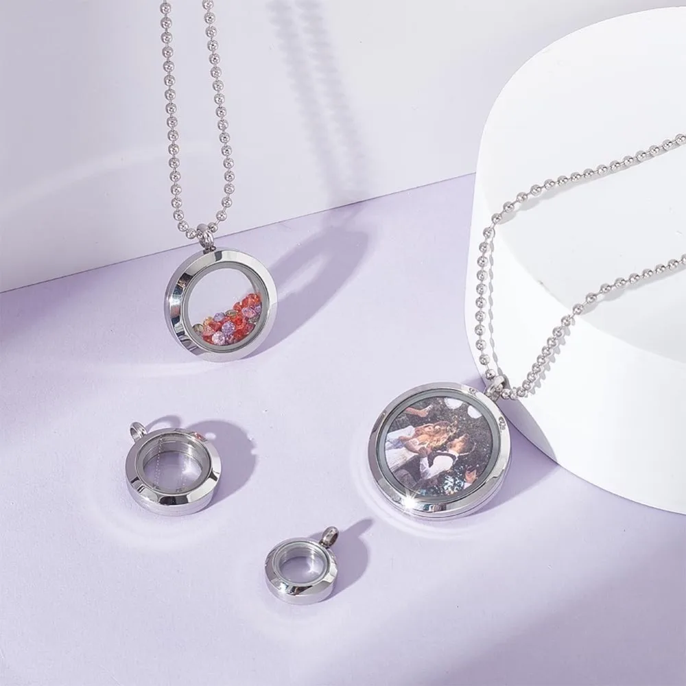 4Pcs 4 Sizes Living Memory Stainless Steel Photo Frame Locket Pendants Flat Round Floating Charm with Glass DIY Accessories