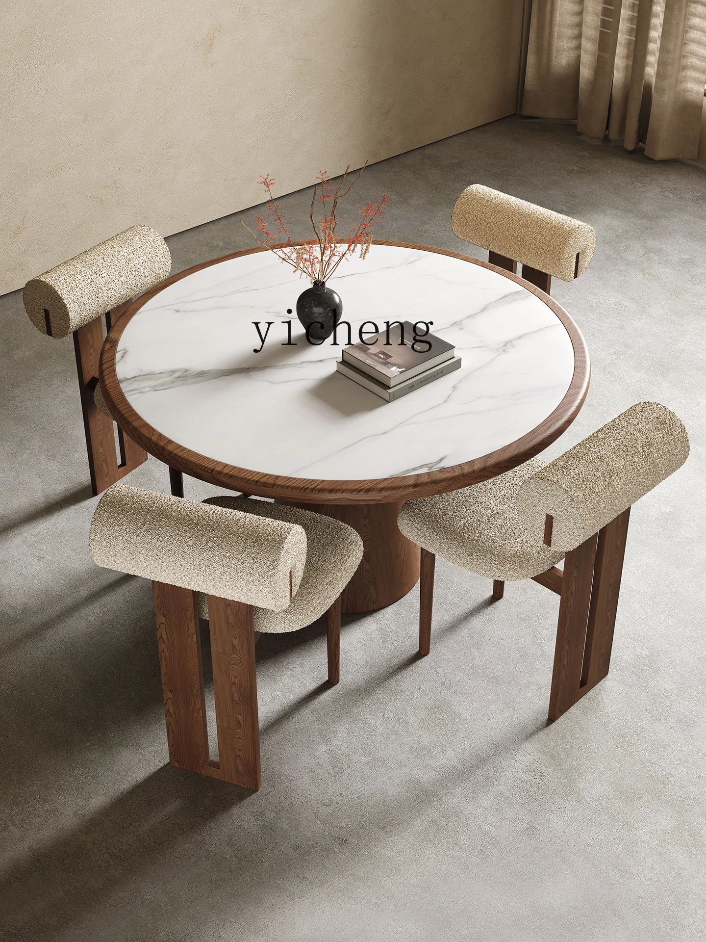 

TWR solid wood dining table retro cream style round dining table with turntable round table