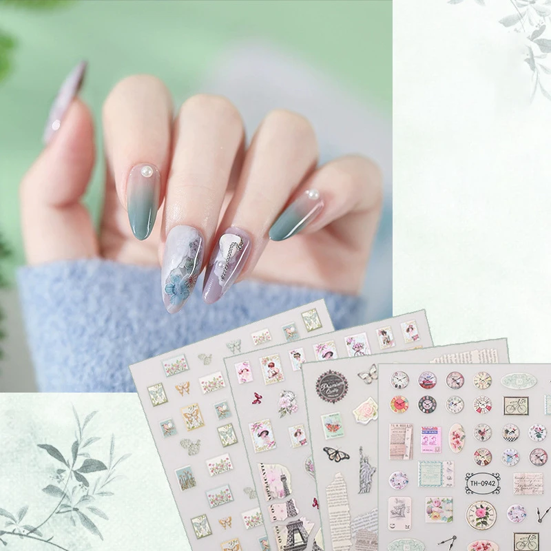 Retro Travel Stamp Newspaper Cupid Flowers Scenery Nail Stickers Clippings Butterfly Nail Art Self Adhesive Manicure Decals