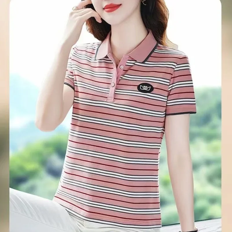 2023 New Turn-down Polo Collar Striped Short Sleeve T-shirt Women\'s Summer Loose Patchwork Embroidery Button Fashion Tops