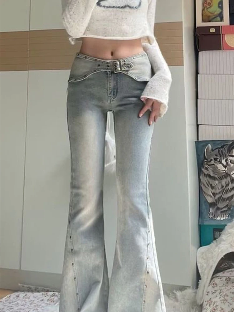 

Корейские светло-голубые расклешенные джинсы женские Y2k с низкой посадкой винтажные джинсовые брюки модные узкие классические эстетические брюки в стиле Харадзюку