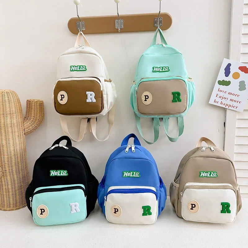 Kindergarten schoolbags boys and girls fashion backpacks children trendy letter stitching contrast color nylon