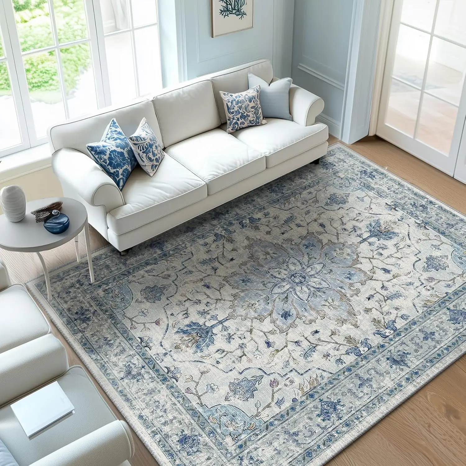 Washable Non-Slip, Floral Vintage Distress Print Pattern Medallion Carpet for Living Room Bedroom Dining Room, Light Blue Navy