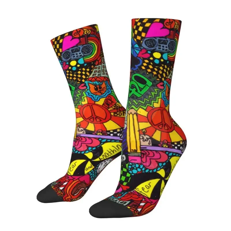 Custom Cool Men's Graffiti Trippy Hippie Pattern Dress Socks Unisex Comfortable Warm 3D Print Street Art Crew Socks