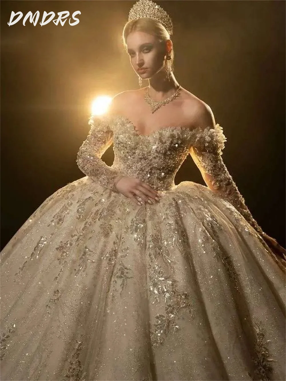 Luxurious Long Sleeve Wedding Dress 2025 Sparkling Off Shoulder Beaded Bridal Gown Elegant Classic Ball Gown Vestidos De Novia