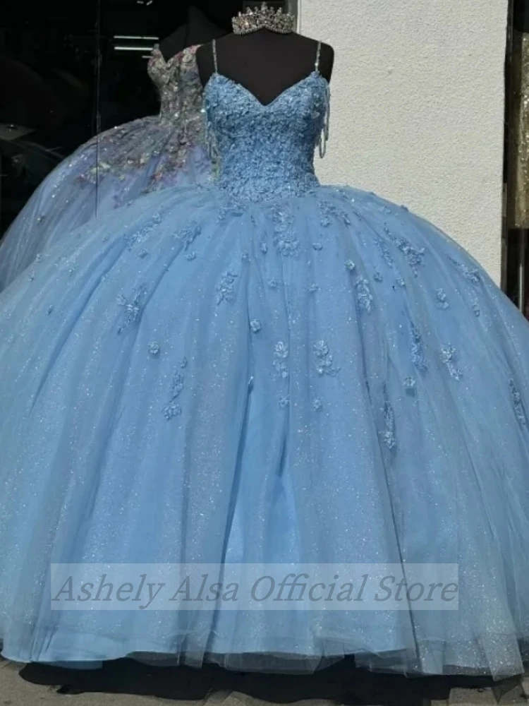 Maßgeschneidertes babyblaues Quinceanera-Kleid mit Applikation, Spitze, Spaghettiträger, Geburtstagsfeier, mexikanisches Mädchen-Abschlussballkleid, Vestidos de 15 Jahre