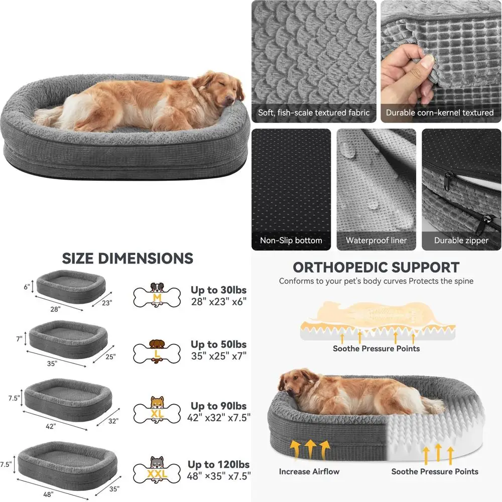 

Большая ортопедическая лежанка для собак - XL-размер, с эффектом памяти, с бортиками, водонепроницаемым покрытием, съемным моющимся чехлом, нескользящим основанием, G