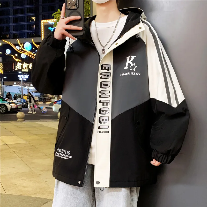 2024 Men Clothing New Men's Jacket Patchwork Fashion Striped Hooded Coat Outdoor Male Clothing Sports Zipper Casual Men Tops