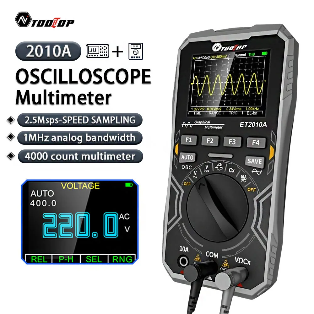 2 IN 1 Portable Oscilloscope 2.5Msps 1MHz Waveform Data Storage 2.4 Inch 4000 Count Digital Multimeter Home Appliance Inspection