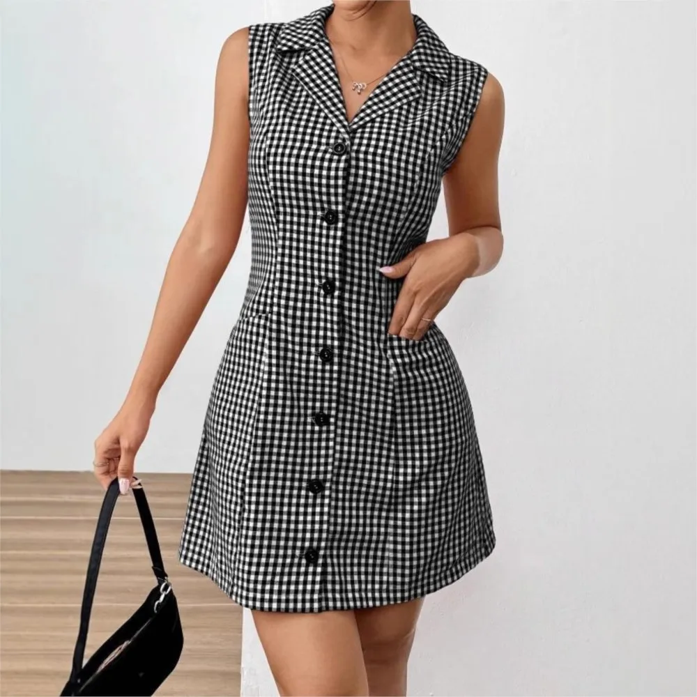 

Sleeveless Retro Plaid Print Dress Summer New Women's Pocket Lapel Single-breasted Short Bow Dress Ropa Mujer Roupas Feminina