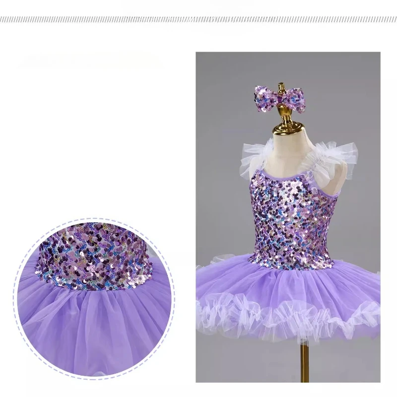 THEEPER Purple Sequin Ballet Tutu Dress for Girls, Leotard with Bow Headband Fairy Dance Dresses for Kids Dance Outfit for Girls view 2