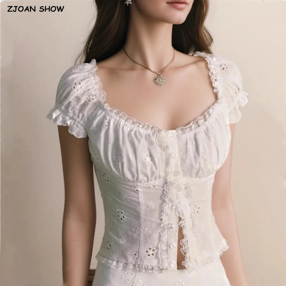 

Sweet White Embroidery Hollow Out Hole Splice Lace Elastic U Collar Short Sleeve Shirt Women Center Buttons Slim Crop Tops
