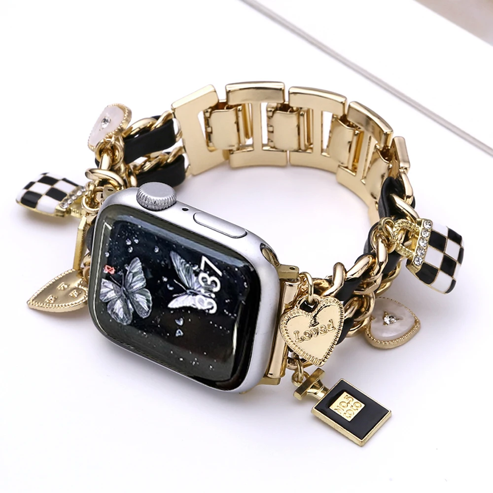 

Metal+Leather Strap For Apple Watch Series 9 8 7 6 5 4 se Women Cute Bracelet For iWatch 41mm 45mm 38mm 40 42mm 44mm Luxury Band