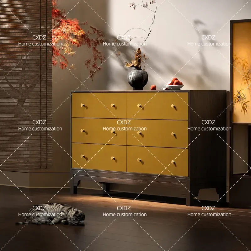 Solid Wood Chest Cabinet with Lotus Design Living Room Storage Decorative Locker Bedroom Bedside Drawer Cabinet