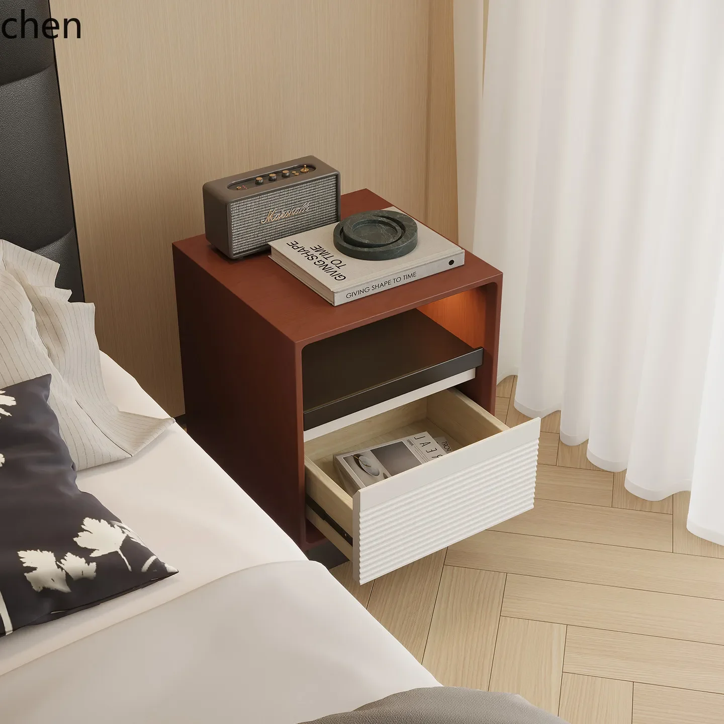 HYS Modern Simple Light Luxury Solid Wood Bedside Table Bedroom Storage Bedside Cabinet Organizer