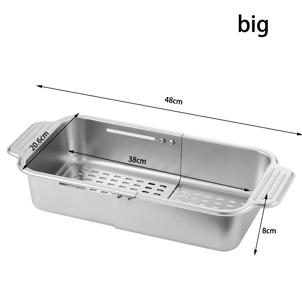 304 SUS304 Stainless Steel Telescopic Drain Basket for Kitchen Sink Collapsible Strainer 47.5x15x6cm and 48x20.6x8cm