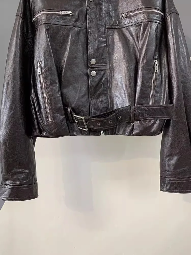 Autunno retrò vera pelle di pecora donna giacca in pelle cerata olio colletto alla coreana giacche da moto corte in vera pelle cerniere soprabito