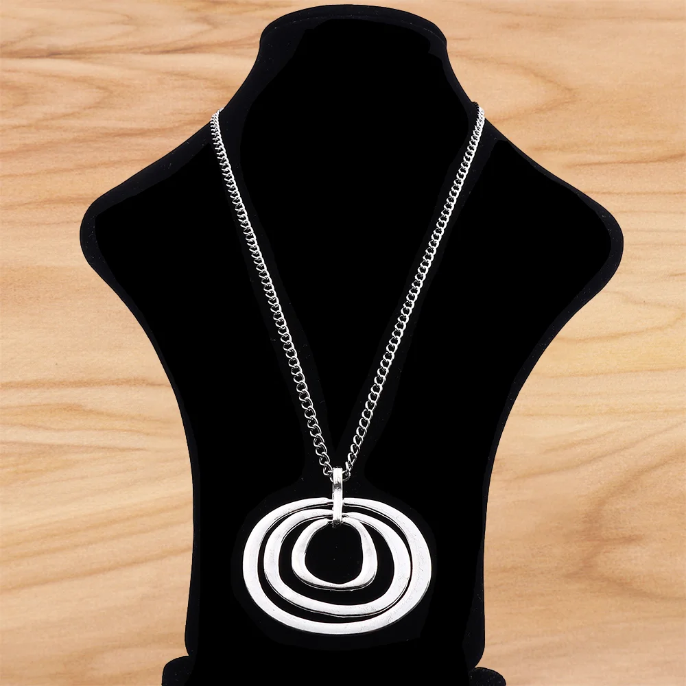 Tibetan Silver Large Irregular 3 Circles Round Pendant on Long Chain Necklace Lagenlook 34 Inches for Jewelry Women Men Gift