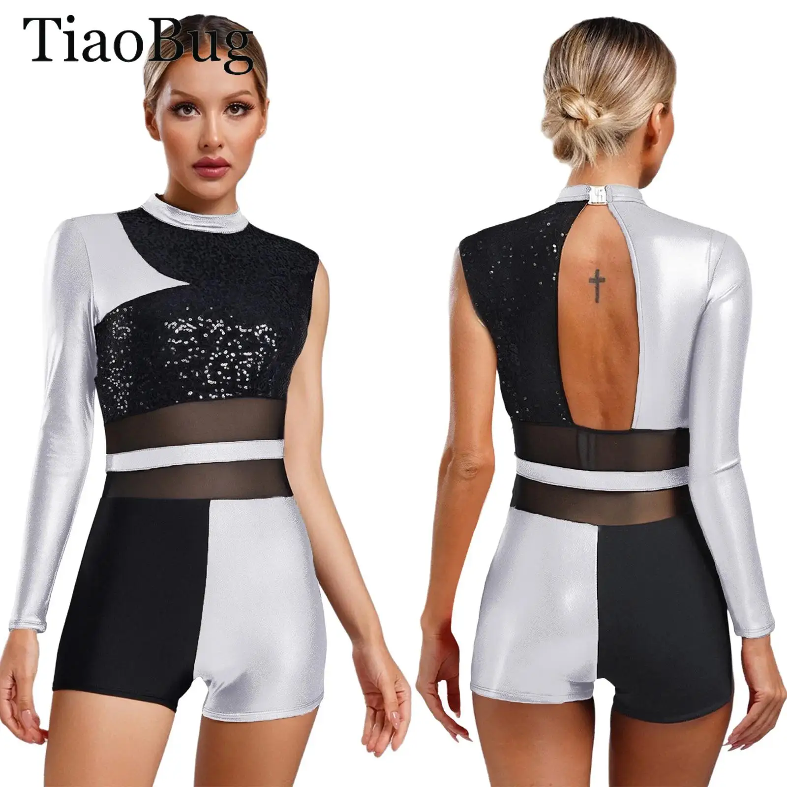 

Women Jazz Latin Dance Leotard Bodysuit Boyshorts One Shoulder Sequins Metallic Shiny Tango Cha Cha Ballet Ballroom Dancewear