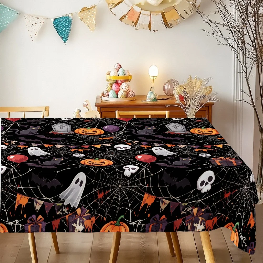 Halloween Rectangle Table Cloth Ghost Black Cat Pumpkin Table Cover Indoor Outdoor Family Halloween Party Table Decoration