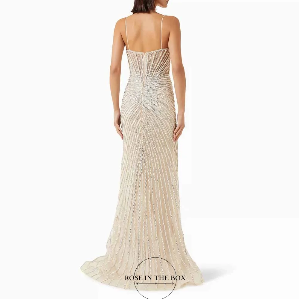 ROSEINBOX Luxury Sequined Prom Dresses for Women Spaghetti Strap Mermaid Bodycon Beaded Evening Dress Customized Party Gowns