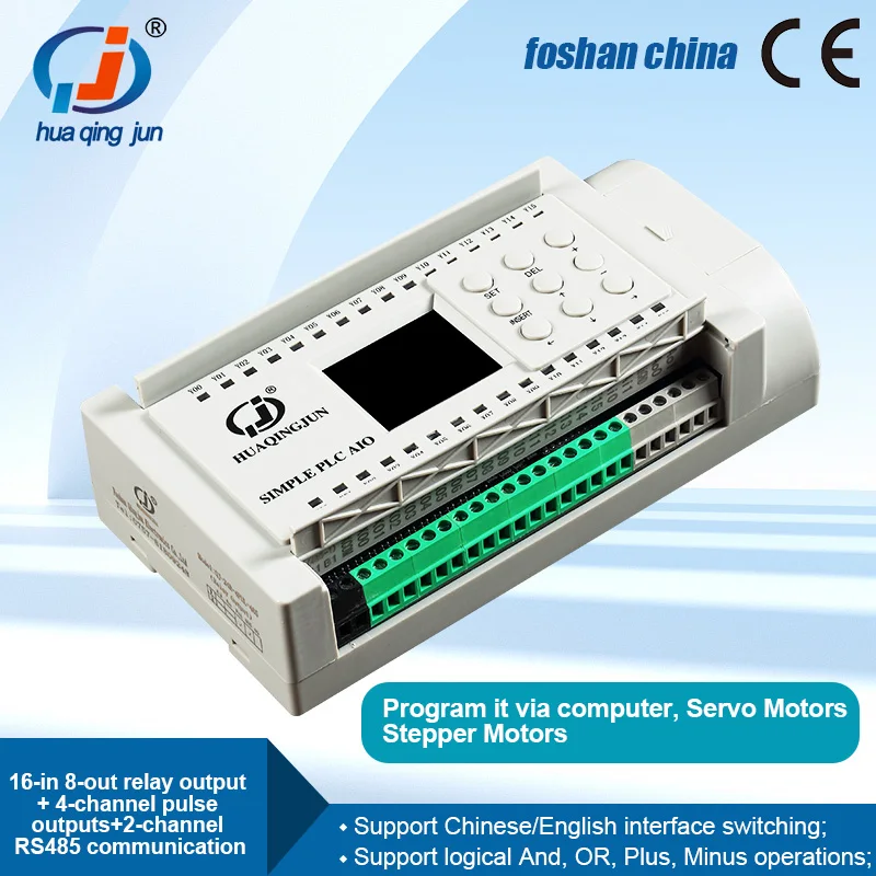 

Huaqingjun 16DI 8DO Relay Output PLC QJ-24R2-4PUL-485 4-Channel Pulse Outputs RS485 Modbus RTU PLC for Stepper Motors