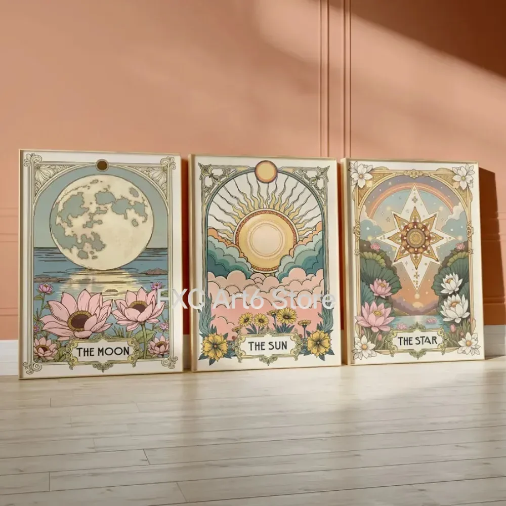 3 Stück rahmenlose 3 Retro-Kunstdrucke mit Sonne, Sternen und Mond, Retro-Blumen und Pflanzen Wanddekoration, Bohemian Floral Canvas